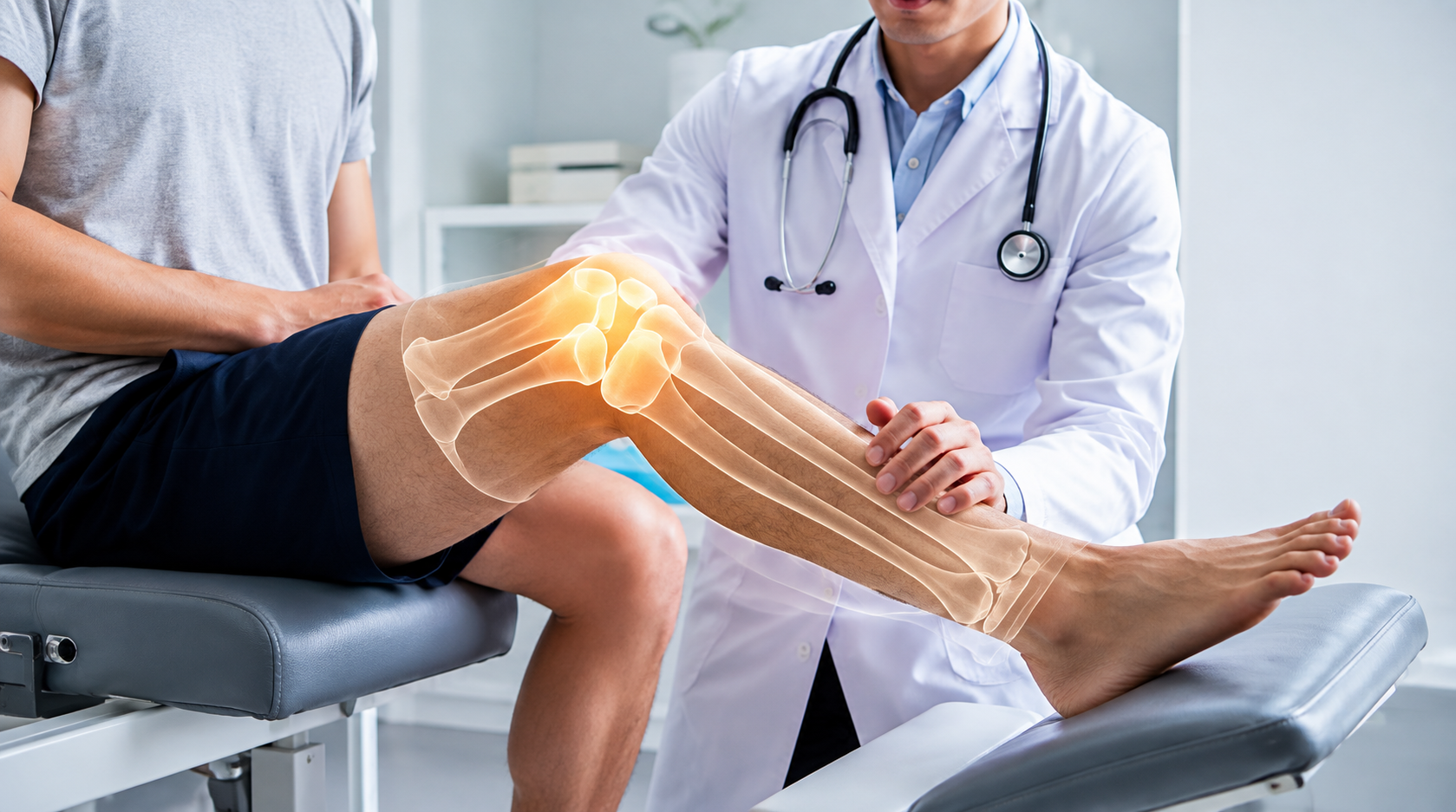 Orthopedic doctor examining a patient during a High Tibial Osteotomy (HTO) consultation for knee osteoarthritis treatment and knee realignment surgery.