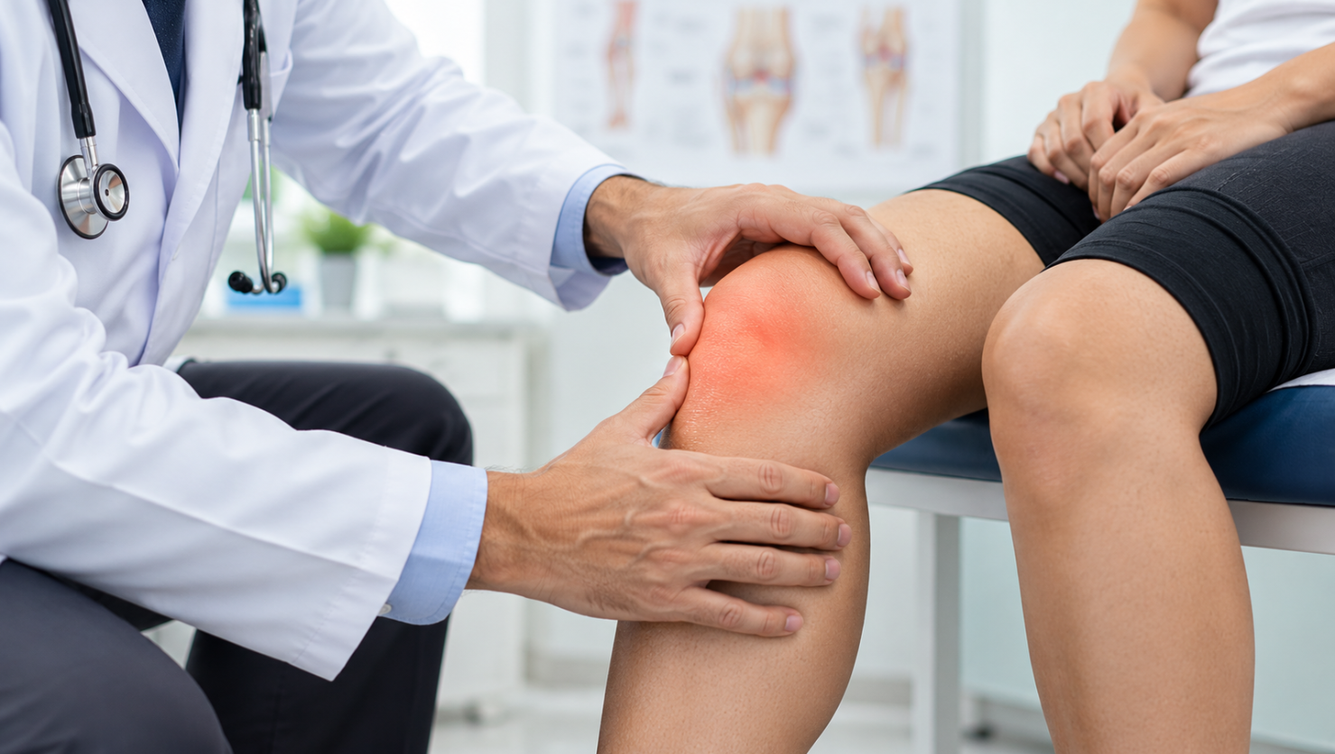 Doctor examining a patient’s knee for a possible meniscus injury before arthroscopic surgery.