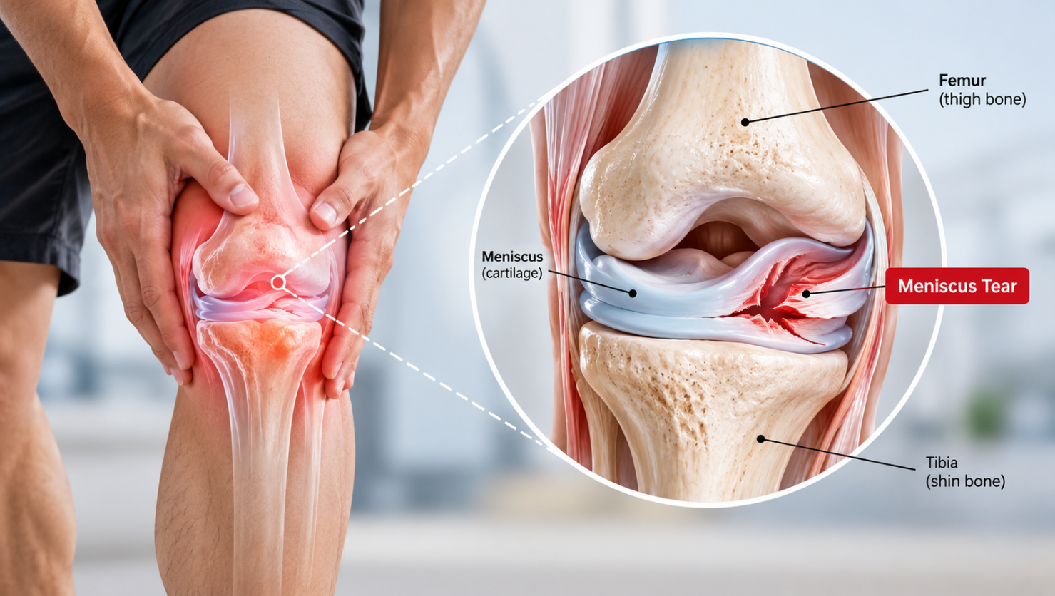 Meniscus injury treatment illustration showing a doctor examining a patient's knee and a magnified view of a torn meniscus.