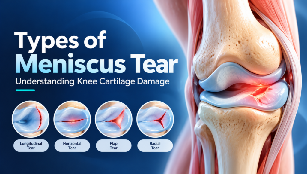 showing meniscus tear types in the knee, including longitudinal, horizontal, flap, and radial tears.